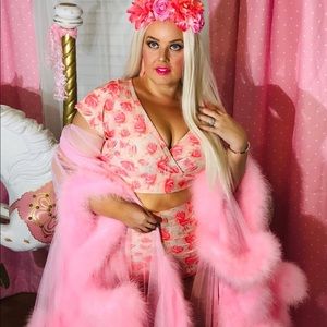 Peach colored rose print two piece bathing suit